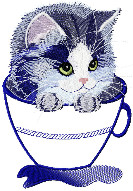 Kitten in a mug applique free embroidery design