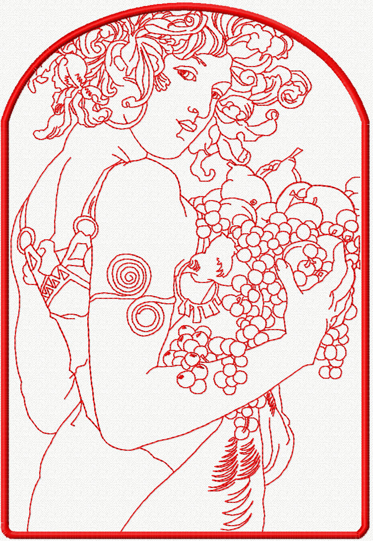 Woman with grape redwork free embroidery design