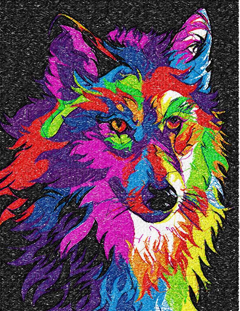 Wolf in bright colors photo stitch free embroidery design