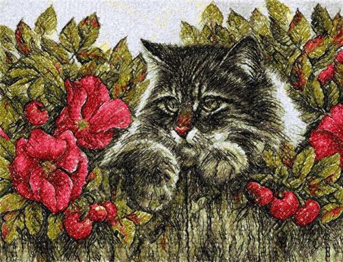 More information about "Cat in flowers photo stitch free embroidery desisgn 3"