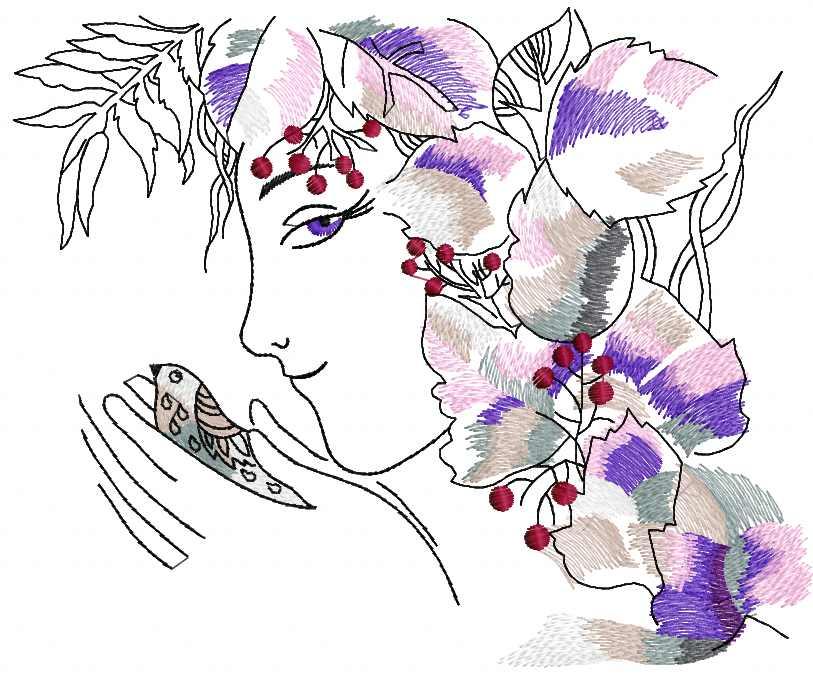Spring woman and bird free machine embroidery design