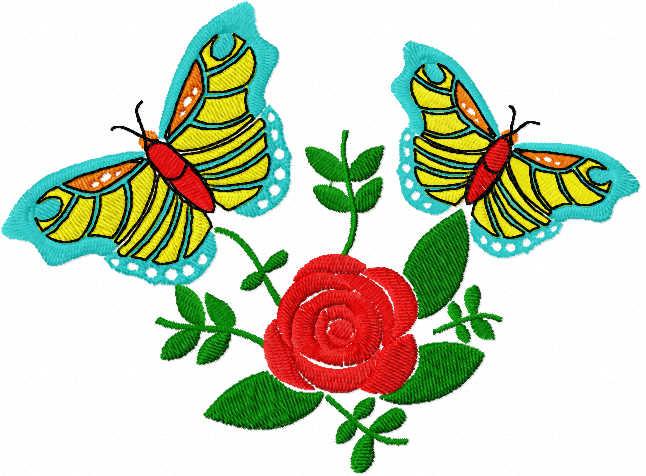 Red rose and butterflies free embroidery design