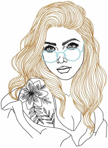 Girl with glasses and a flower free embroidery design
