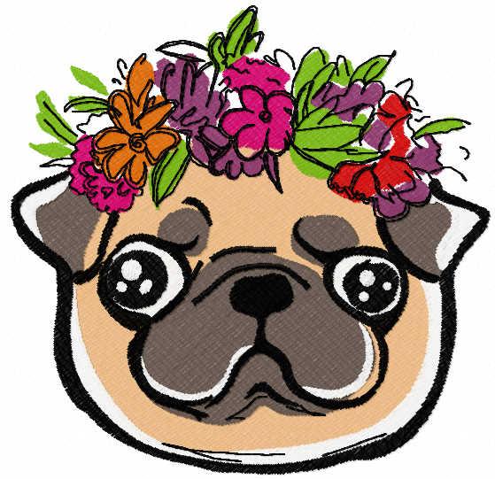 Pug with a wreath of flowers free embroidery design