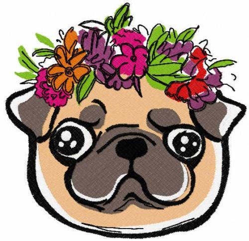 More information about "Pug with a wreath of flowers free embroidery design"