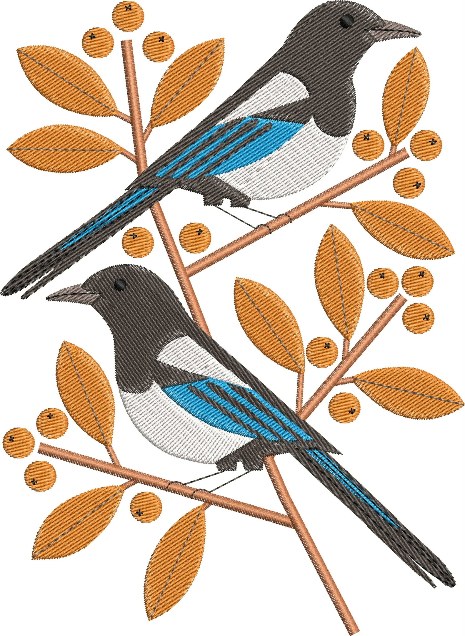 Magpies free embroidery design