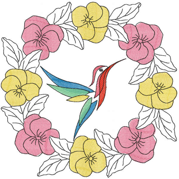 Hummingbird and wreath of flowers free embroidery design