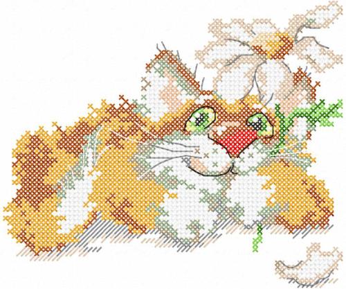 More information about "Cat with chamomile cross stitch free embroidery design"