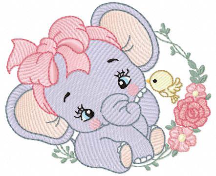 More information about "Baby Elephant with bow with twig and bird free embroidery design"