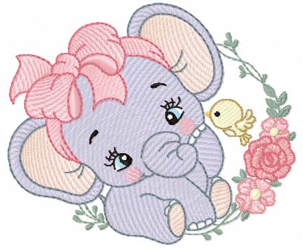 Baby Elephant with bow with twig and bird free embroidery design