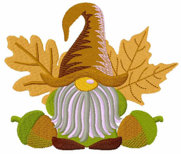 Autumn gnome with oak leaves and acorns free design for embroidery machine