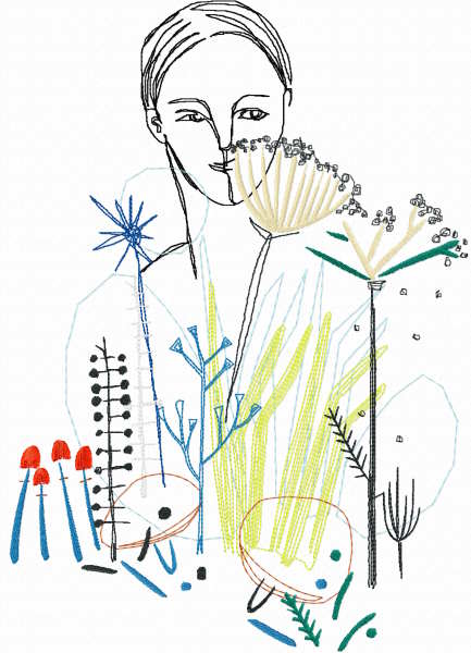 Girl in flower field modern art free embroidery design