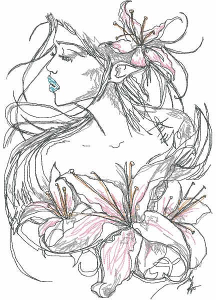 Sketch woman and lily free embroidery design