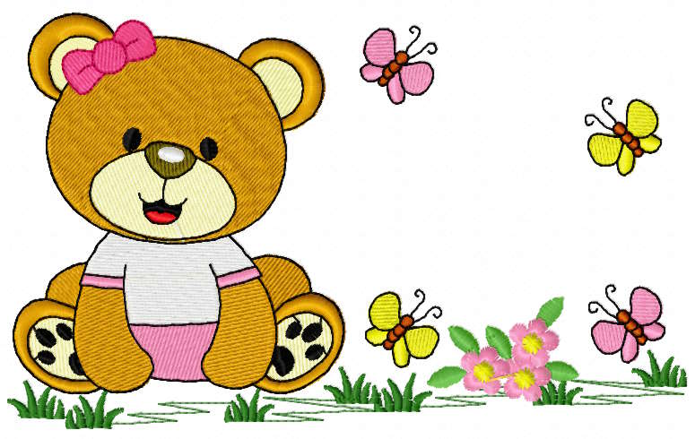 Adorable Bear Girl in the Meadow - A Delightful Summer Embroidery Design