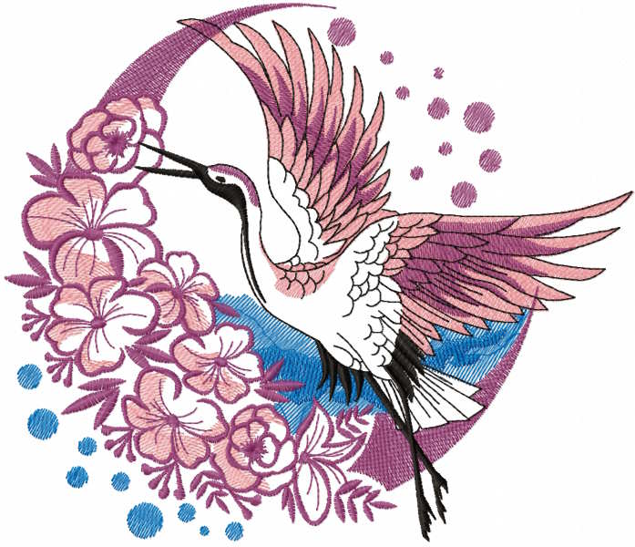 Crane in a crescent of flowers free embroidery design