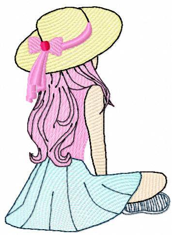 Girl wide brimmed hat looks into distance free embroidery design