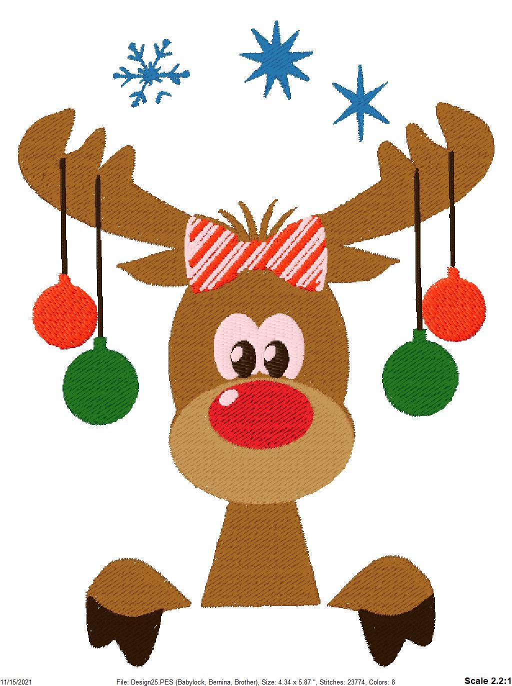 Rudolph decorated with Christmas balls free embroidery design