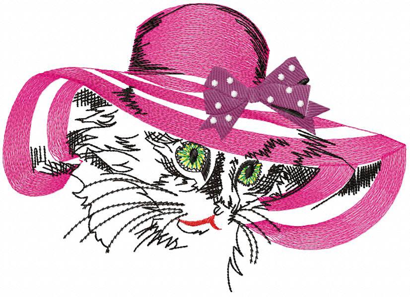 Kitten in a wide brimmed hat free embroidery design