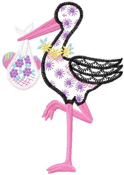 Stork with baby applique free embroidery design