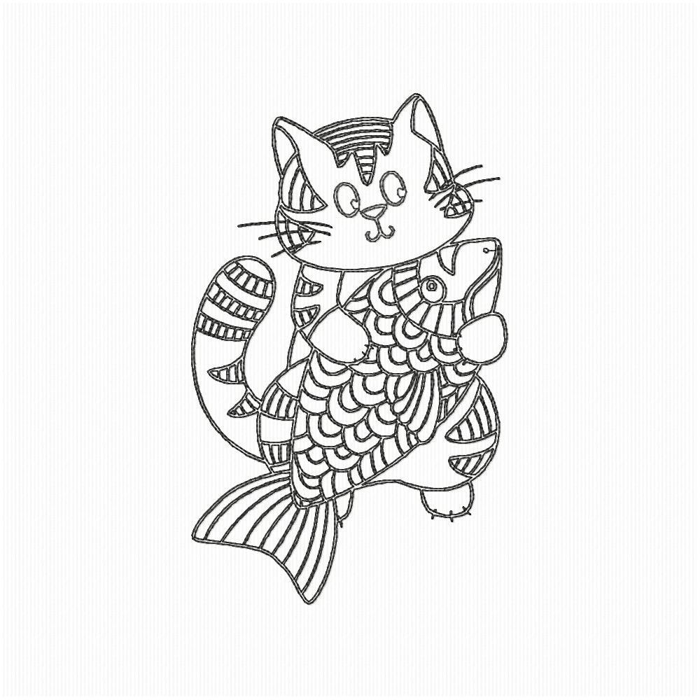 Cat with fish small free embroidery design