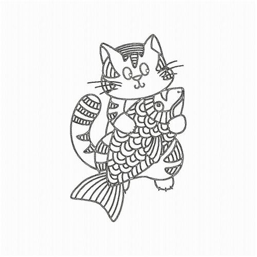 More information about "Cat with fish small free embroidery design"