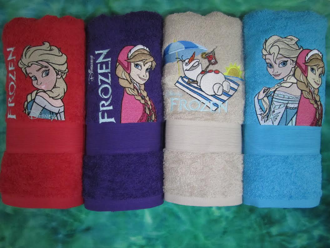 4 embroidered towels with Frozen sisters and Olaf