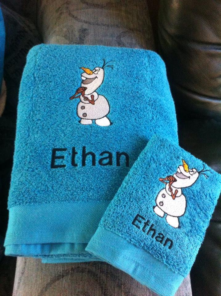 Embroidered Olaf design at towel