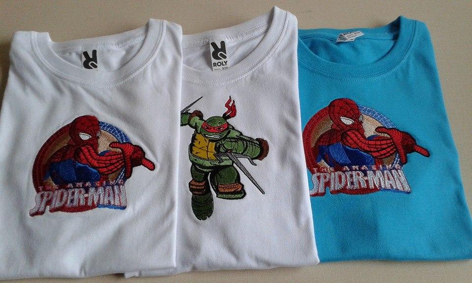 T shirts with Spiderman and Teenage Turtle Ninja embroidery designs