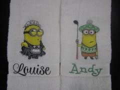 Two embroidered towels with Minion designs