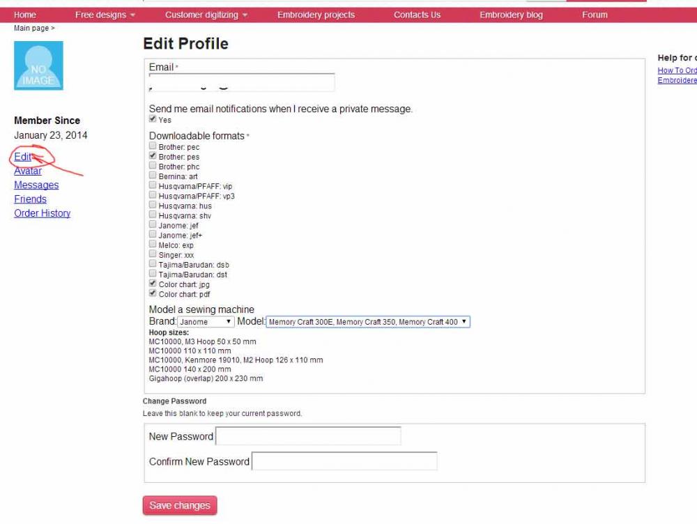 How edit profile and change embroidery format