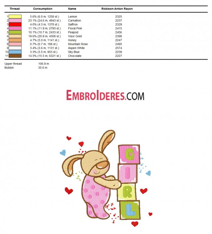 Color chart for bunny embroidery design