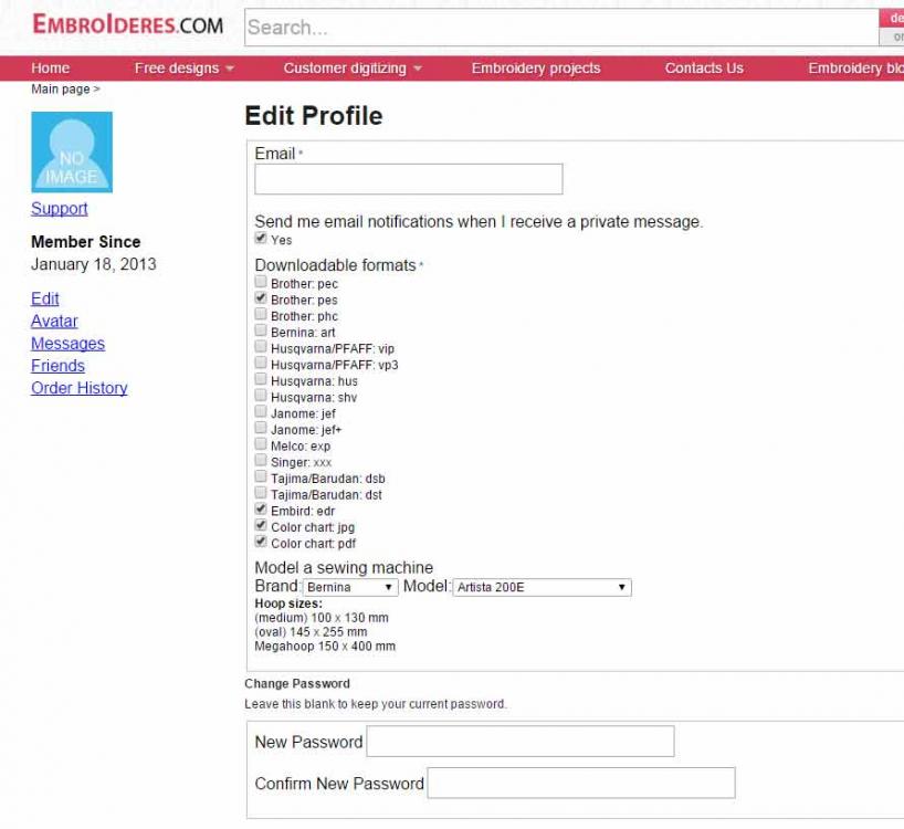 Profile with options to change embroidery machine