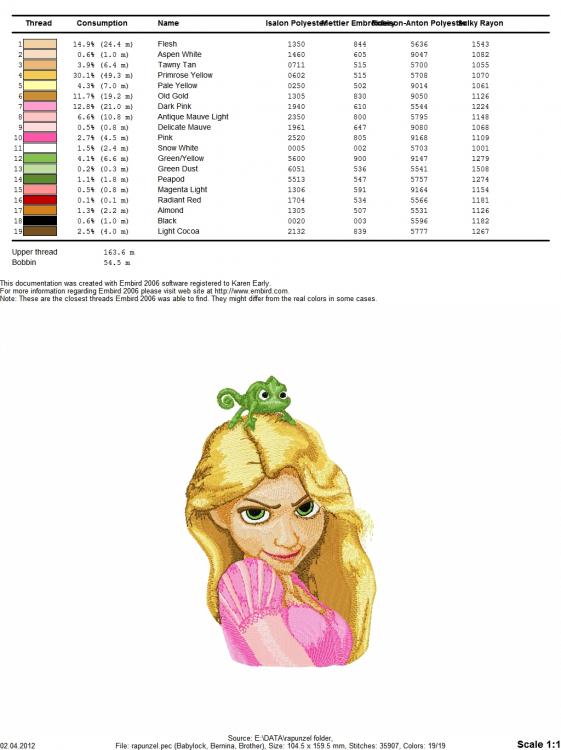 Color chart for Rapunzel embroidery design standard variant