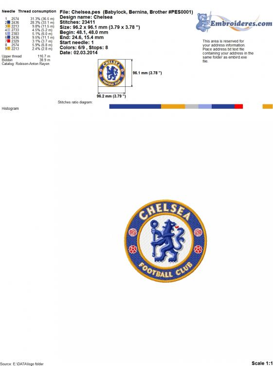 Color chart for Chelsea logo embroidery design