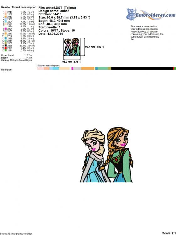 Color Chart for Frozen sisters embroidery design