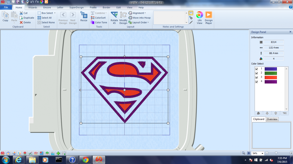 Superman logo embroidery design in Husqvarna 6D software