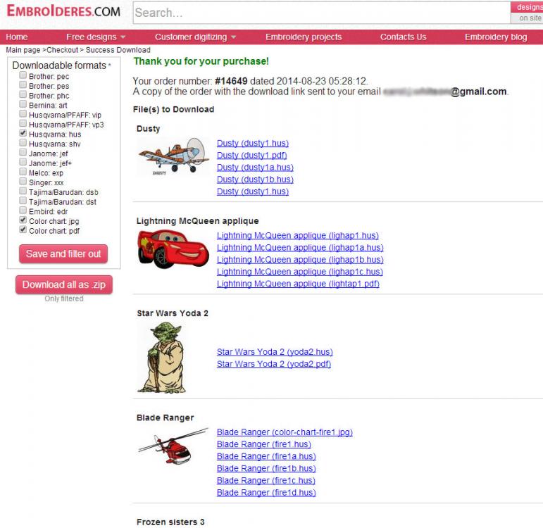 Order history with embroidery designs