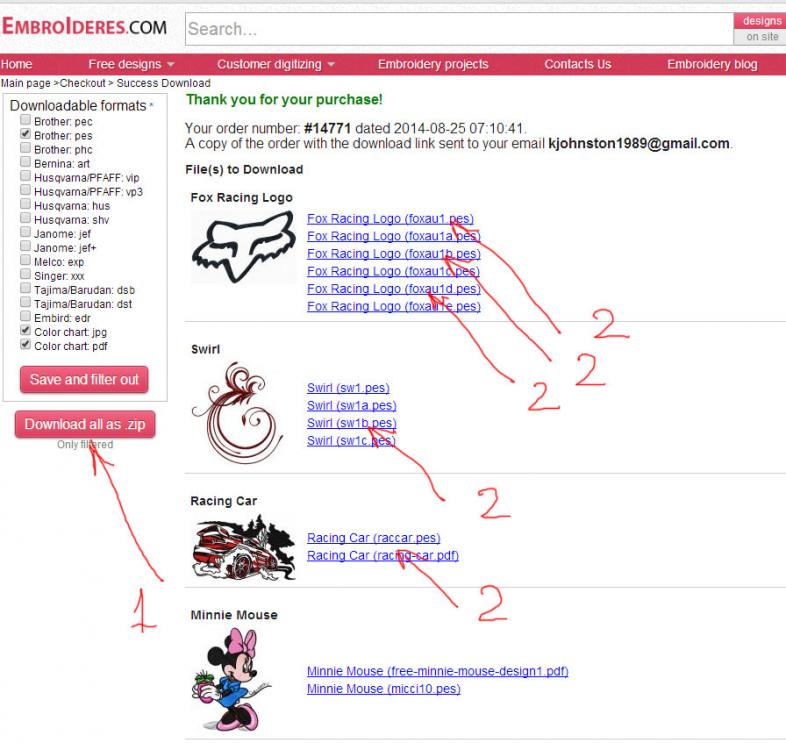 Order history with embroidery designs