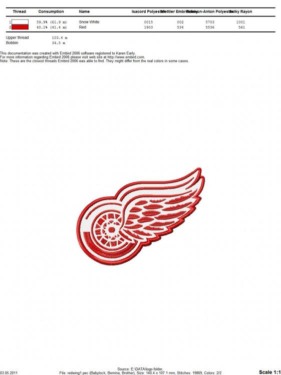 Color chart for Detroit Red Wings Logo embroidery design