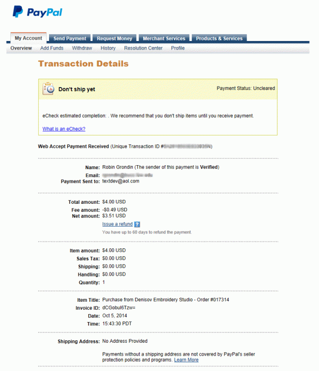 Pending check status for embroidery designs order