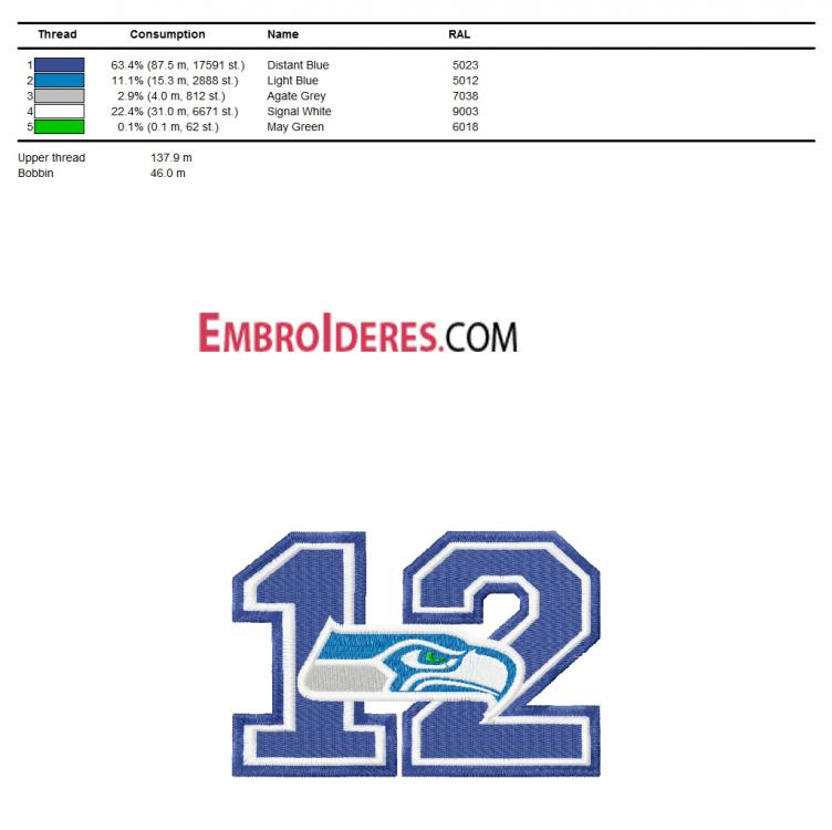 Color chart for Seahawks 12th man logo embroidery design