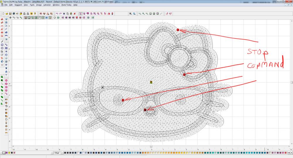 Digitizing Hello Kitty embroidery design with color stop command