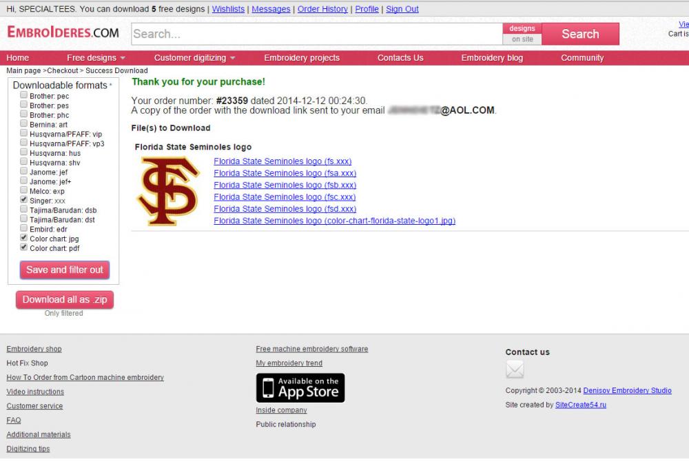 Order History with embroidery designs