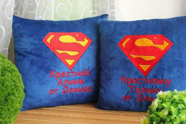 Pillows with Superman logo applique embroidery design