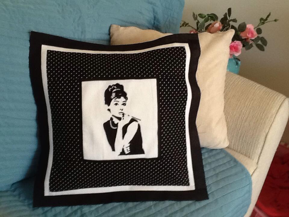 Audrey Hepburn design at embroidered pillow