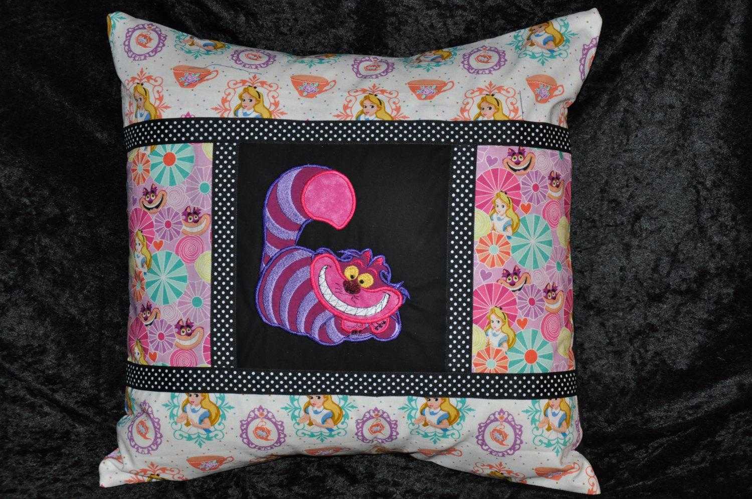 Cheshire Cat embroidered toile decorative home dec pillow