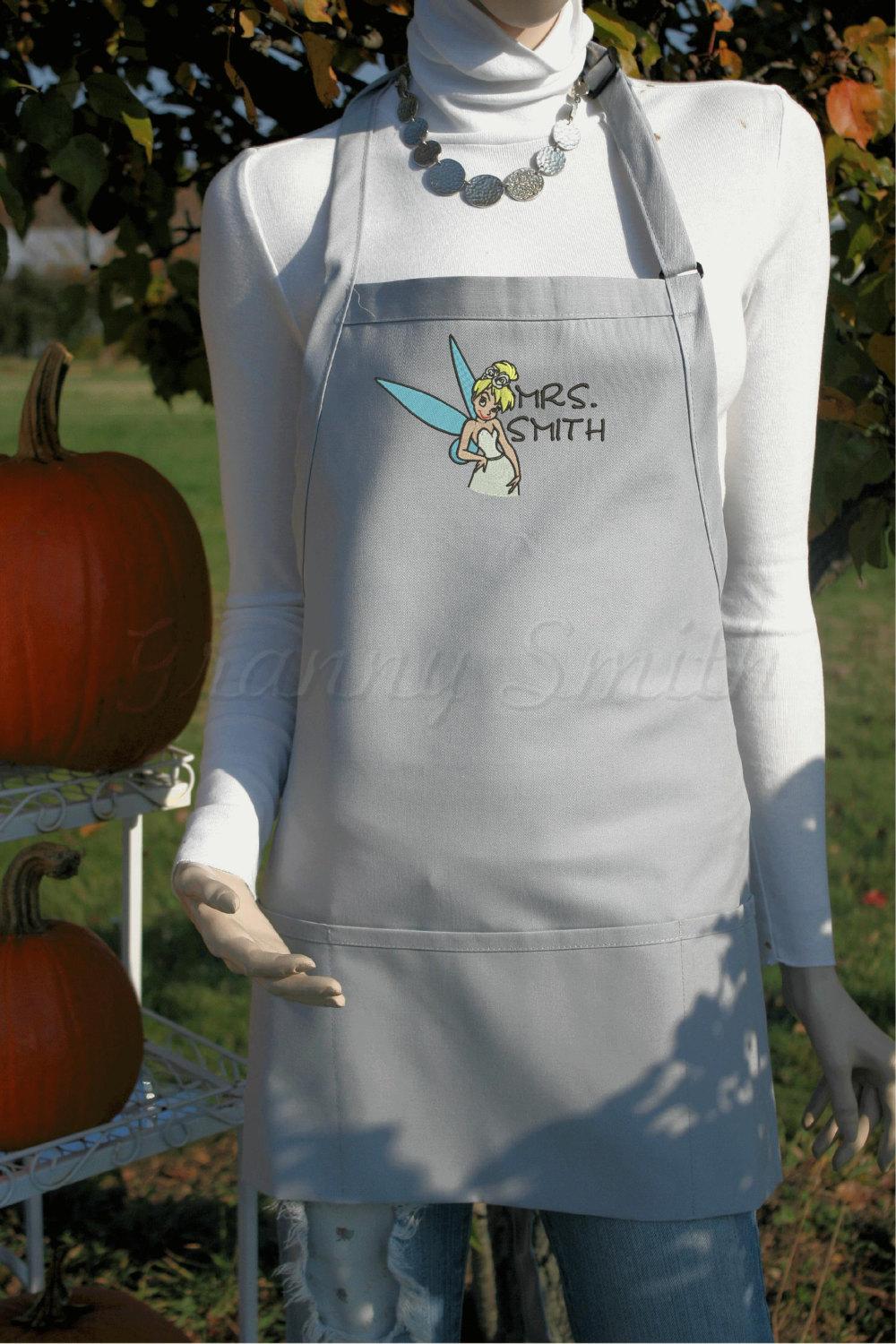 Tinkerbell embroidery design in a wedding dress apron — grey