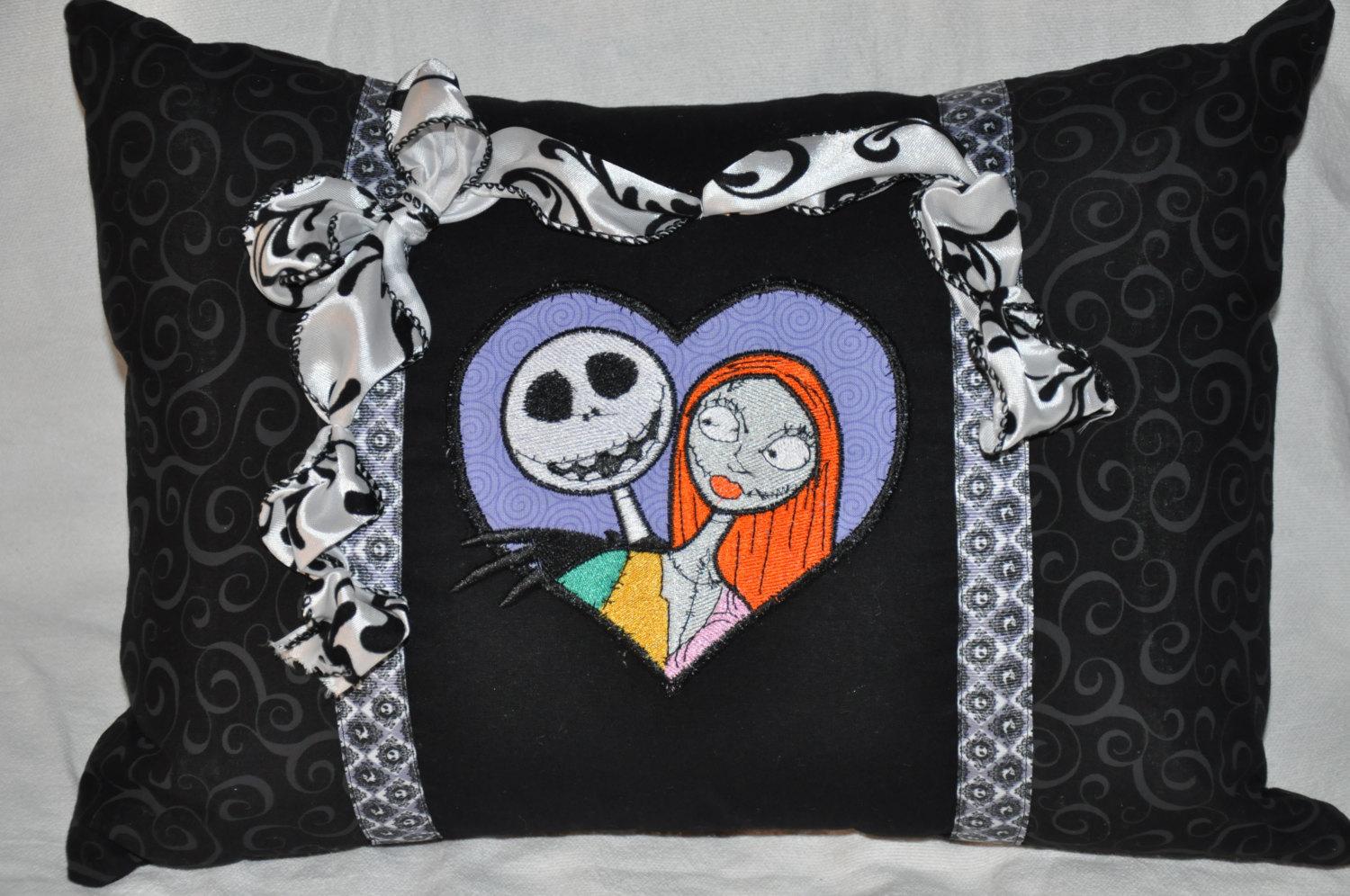 Jack and Sally embroidered pillow with a bow