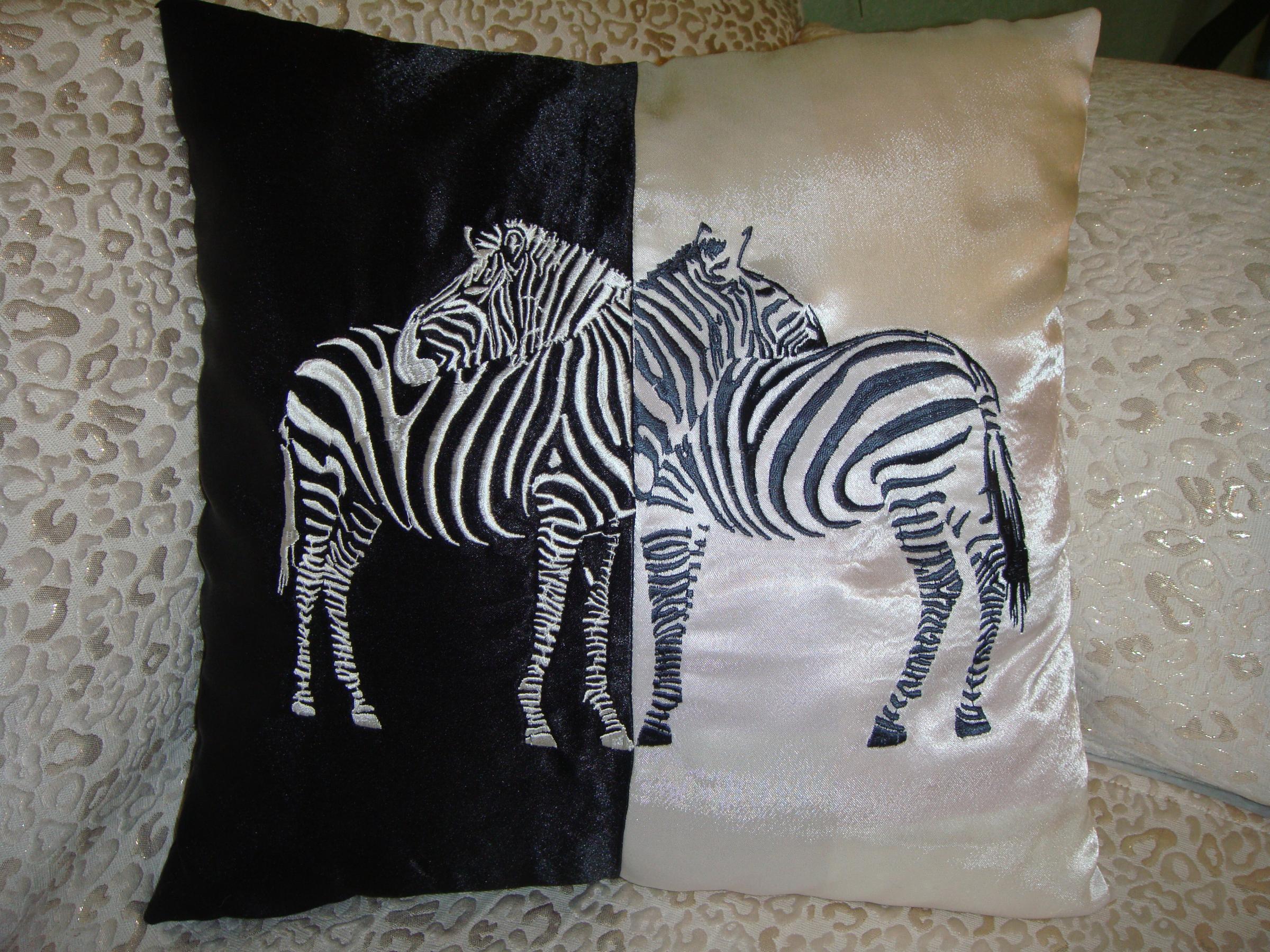 Pillow with Zebra free machine embroidery design