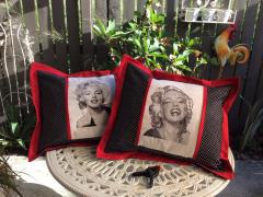 Two embroidered cushions with Marilyn Monroe free design